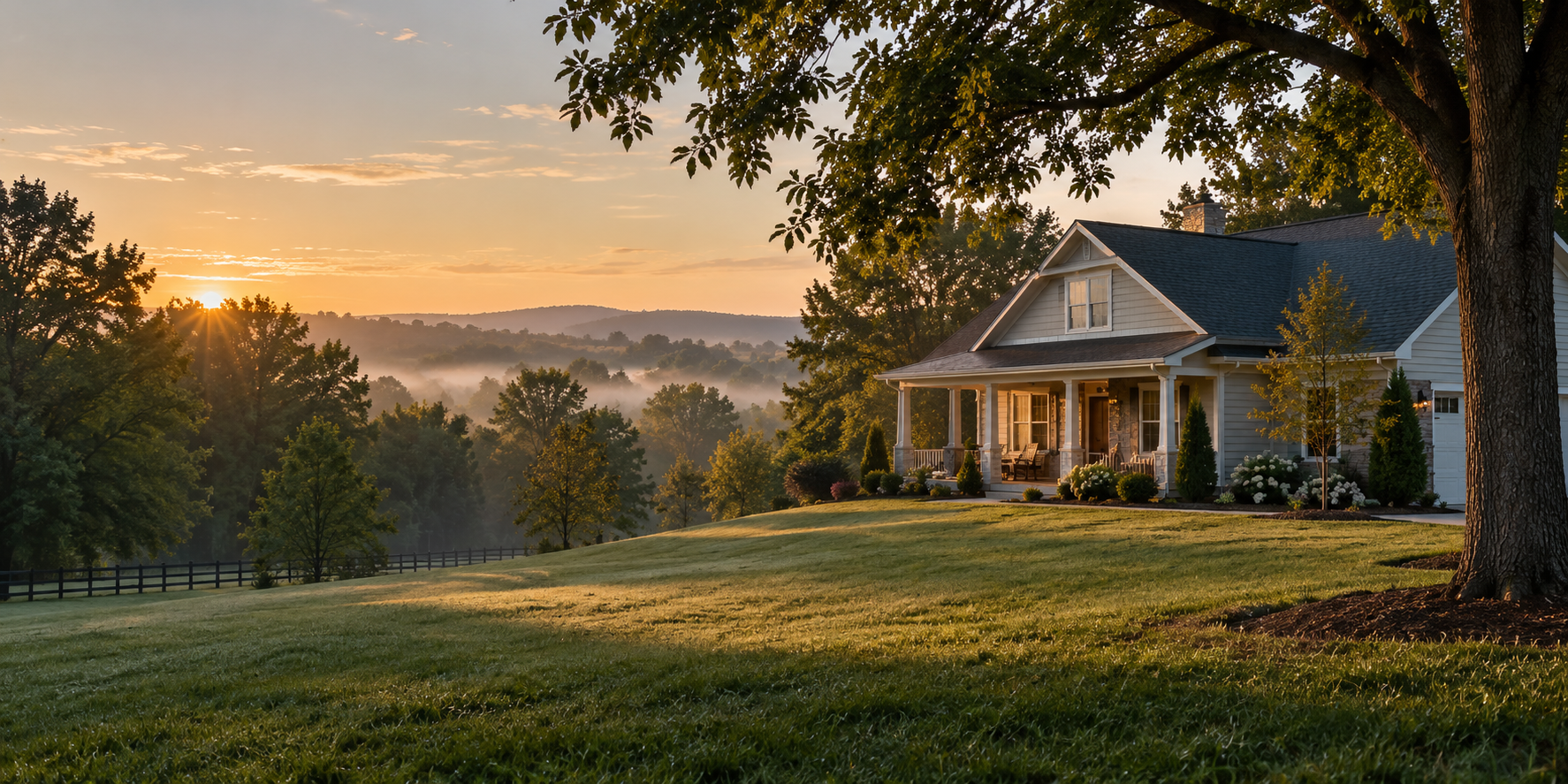 A home on rolling Middle Tennessee land at sunrise